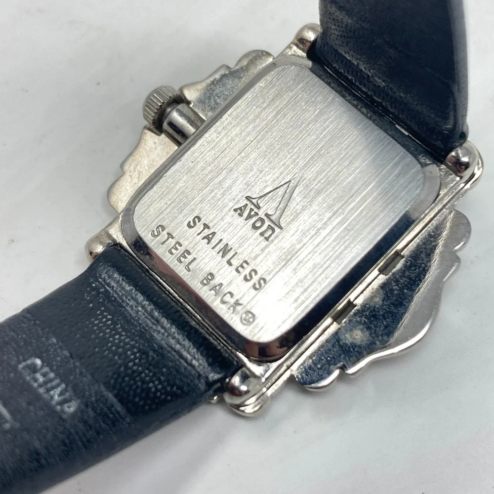 Vintage Avon Marcasite Tank Watch Women Silver Tone Black Leather New Battery 8